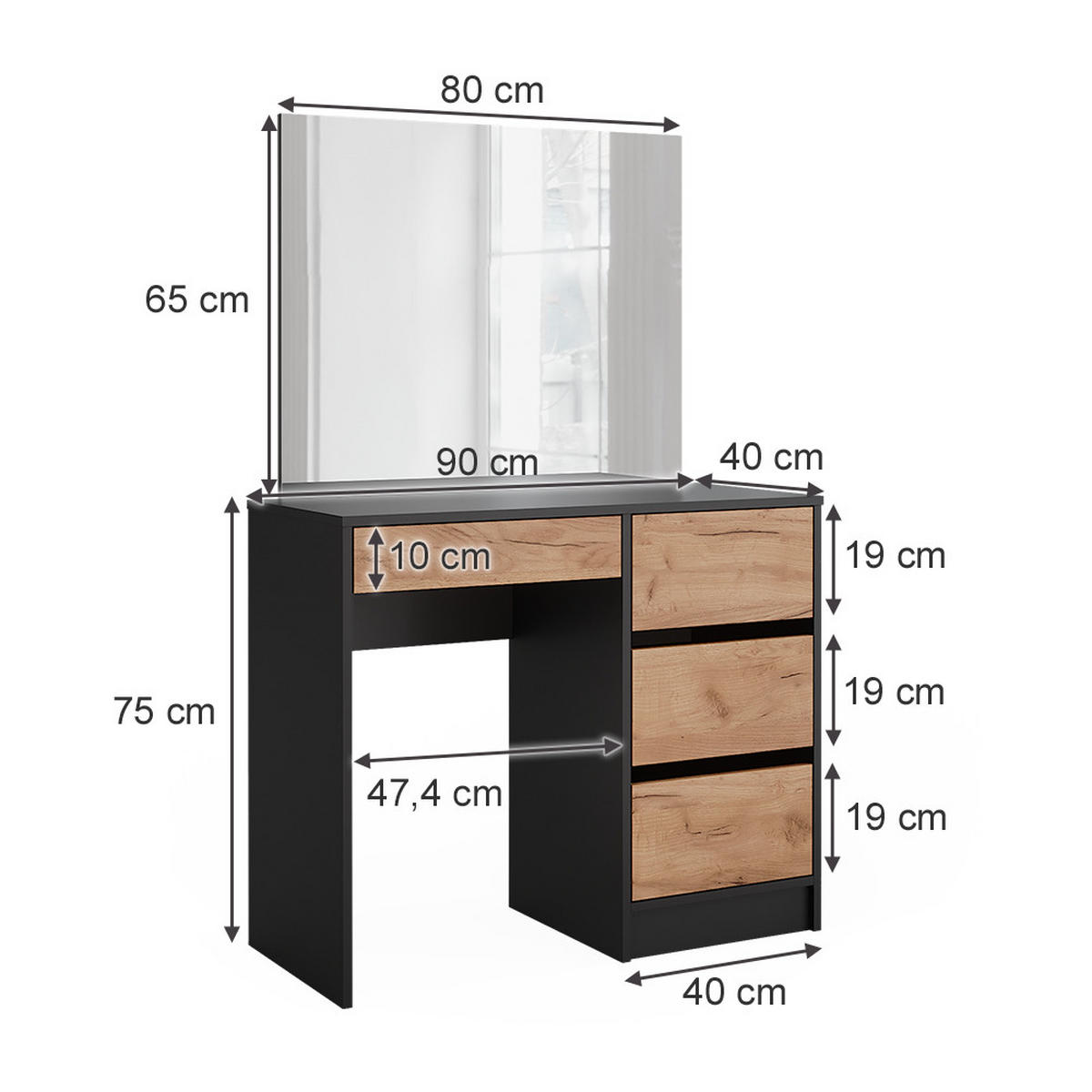 SCHMINKTISCH Sherry Anthrazit/Goldkraft Eiche 90 cm mit Spiegel - Anthrazit/Eiche Wotan, Holzwerkstoff (90/75/40cm) - Vicco
