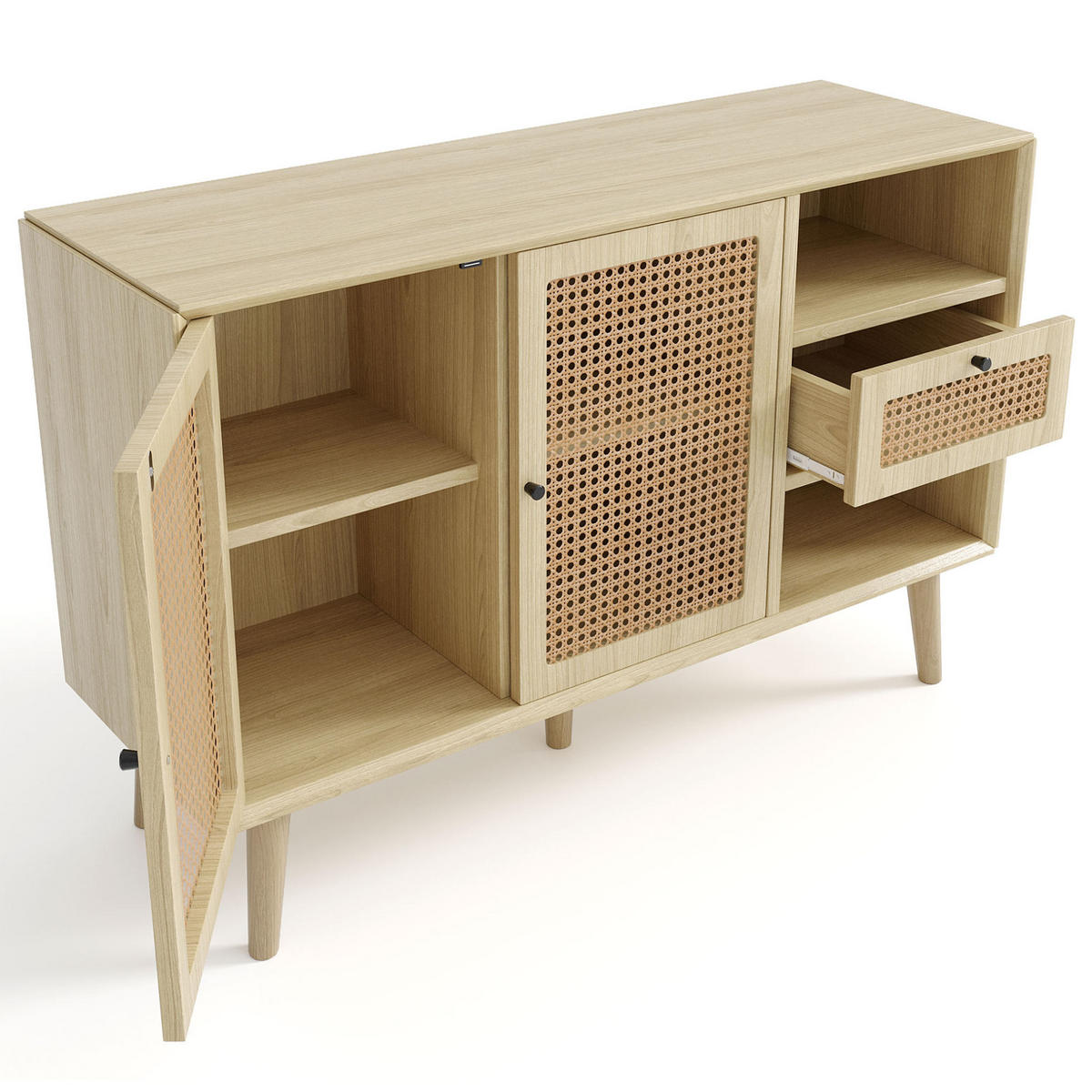 SIDEBOARD 120/40/80 cm in Eiche mit Rattangeflecht, 1 Schublade und 2 Türen - Eichefarben, Holzwerkstoff (120/80/40cm) - Flora Grace