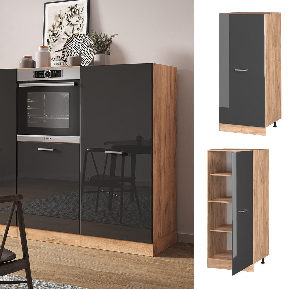 HOCHSCHRANK R-Line Anthrazit Hochglanz 60 cm - Honigeiche/Schwarz Hochglanz, Holzwerkstoff (60/143/57cm) - Vicco
