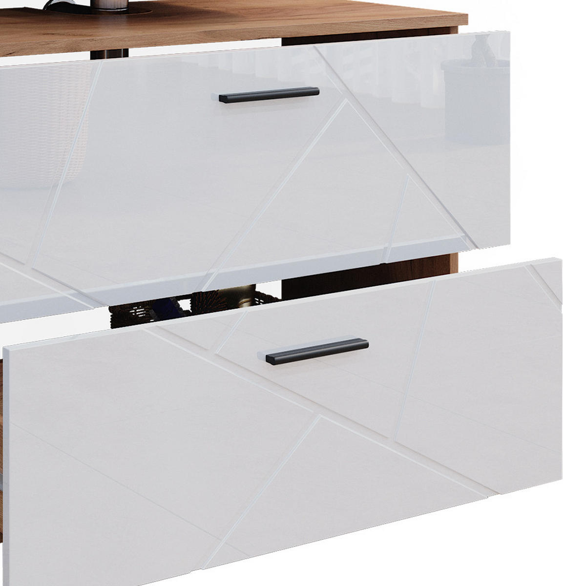 BADMÖBEL-SET Irma Weiß Hochglanz/Goldkraft Eiche 3 Teile mit Unterschrank 80 cm - Honigeiche/Weiß Hochglanz, Holzwerkstoff (80/58/41cm) - Vicco