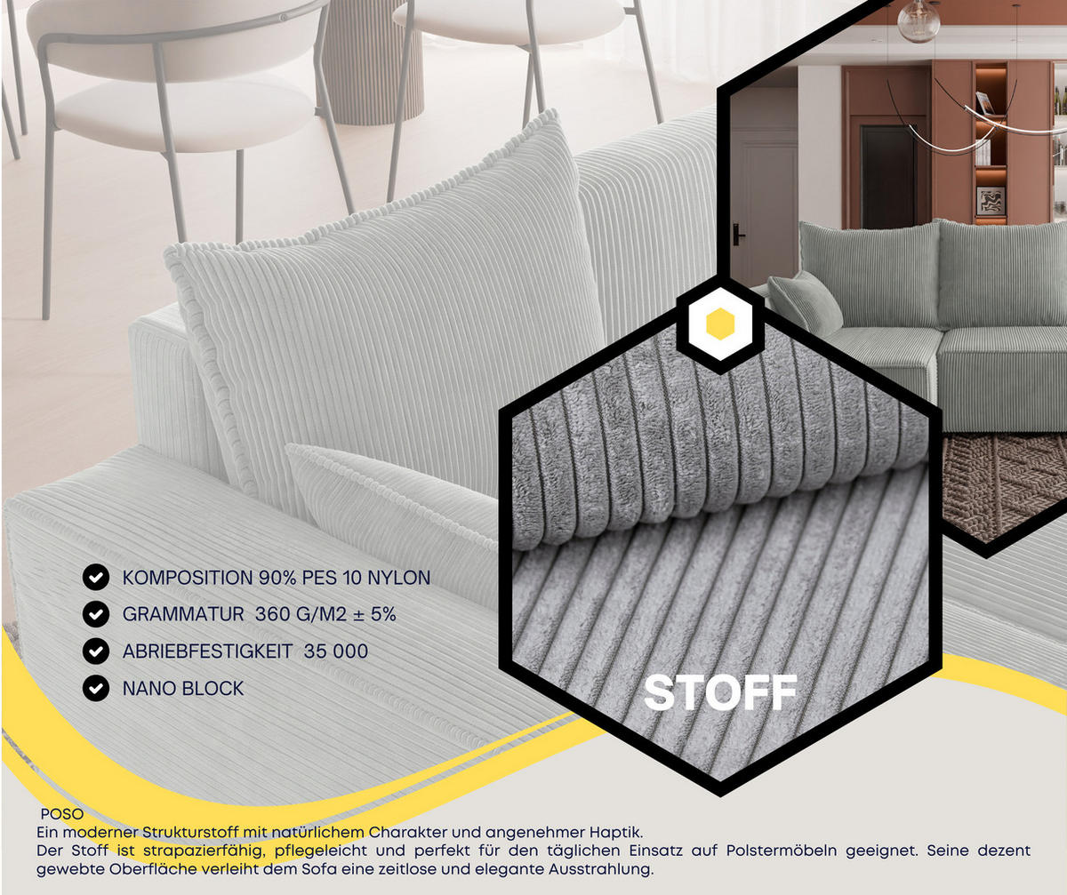 ECKSOFA Tobi mit Bettkasten und Schlaffunktion, L-Form, Cordstoff, Universal - Grau, Holzwerkstoff (246/145cm) - 4ALL HOME