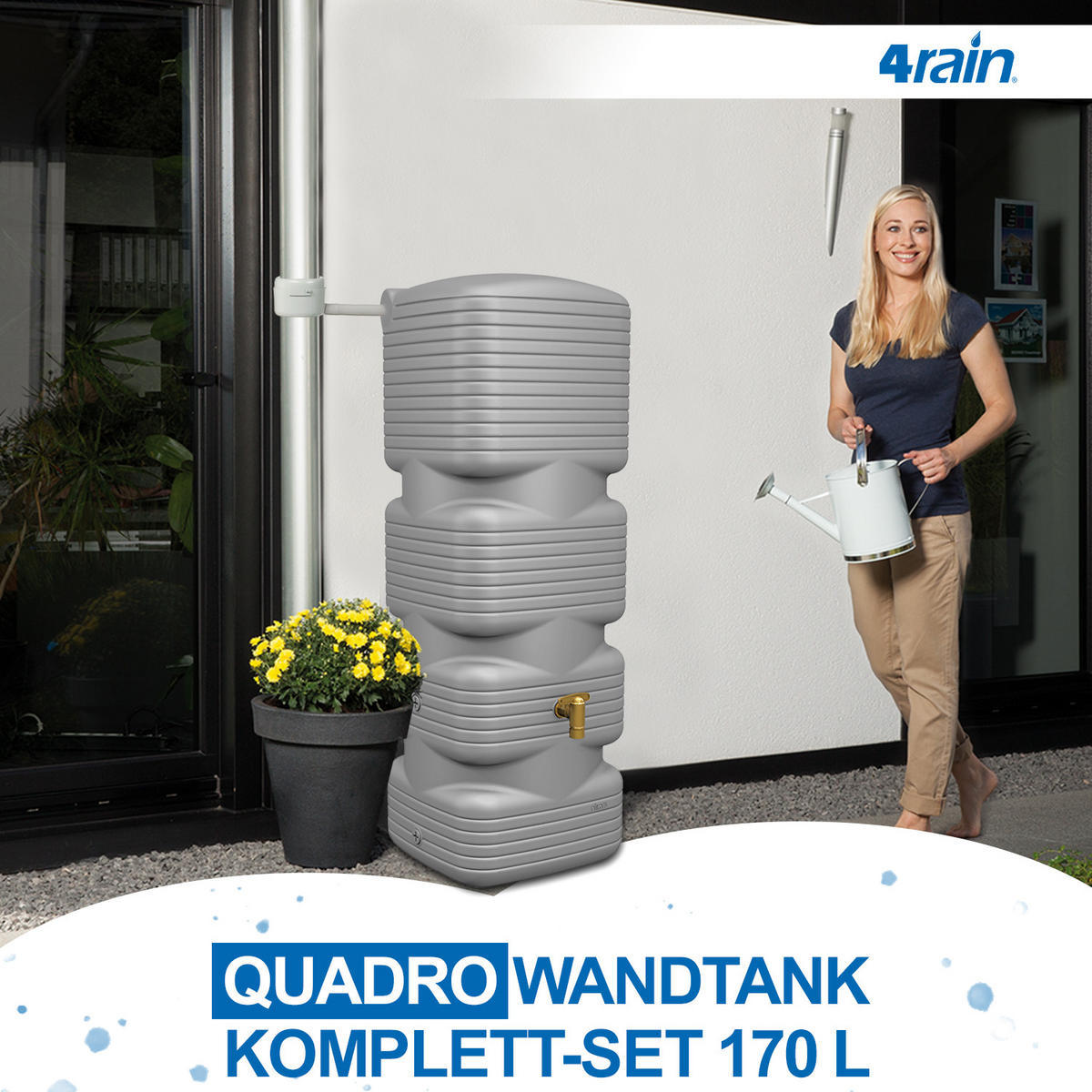 WANDTANK Komplett-Set 170 L betongrau inkl. Kunststoff-Auslaufhahn und Fallrohranschluss - Grau, Kunststoff (40/118/42cm) - 4rain
