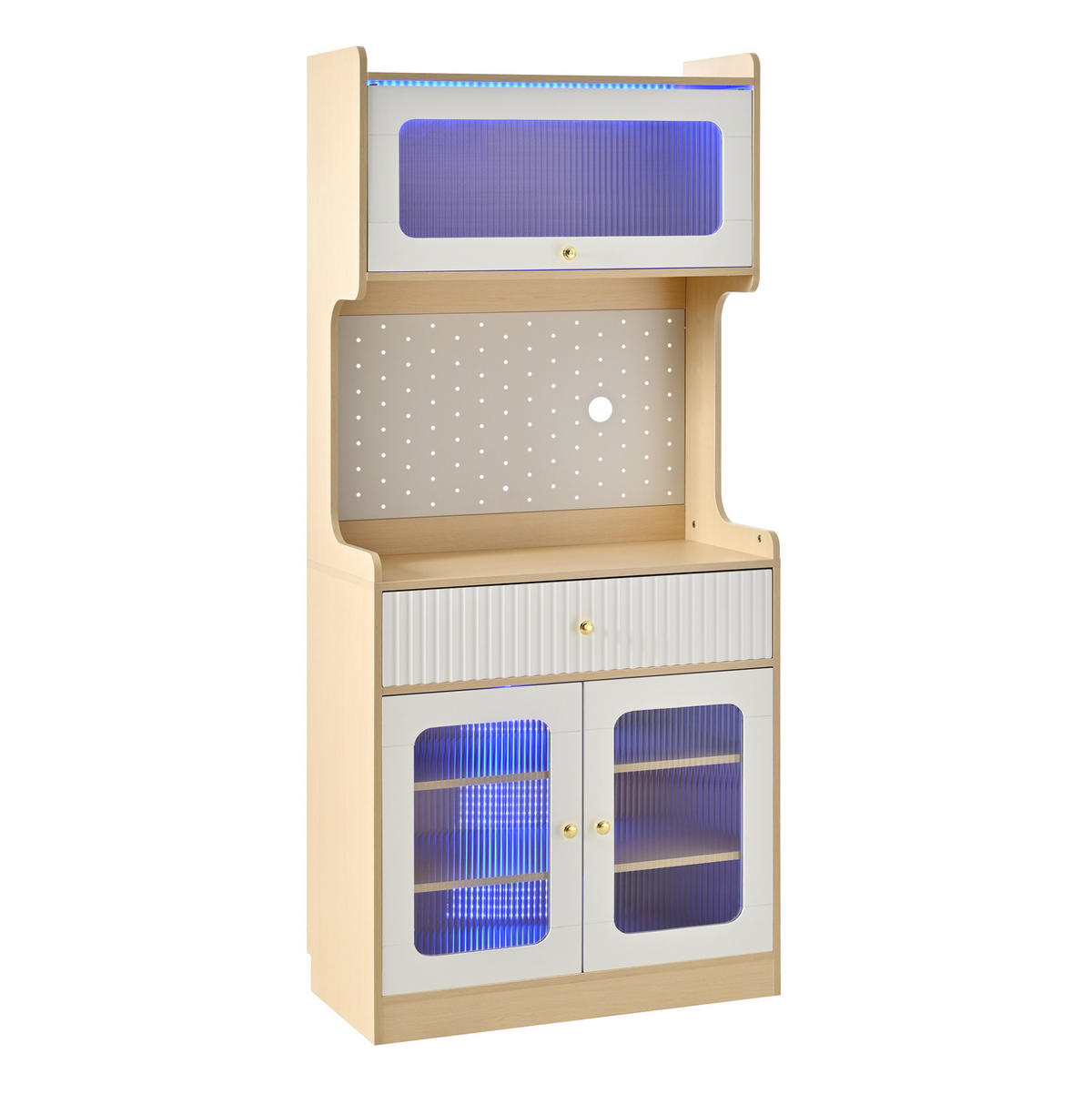 KÜCHENSCHRANK mit LED und Riffelglas 80 x 40 x 180 cm Natur/Weiß - Braun, Holzwerkstoff (40/180/80cm) - Meubliv