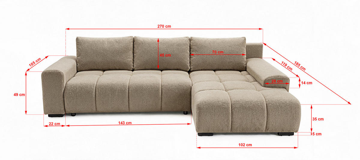 ECKSOFA Ovia mit Bettkasten und Schlaffunktion, Bouclé-Stoff in L-Form - Cappuccino, Textil (270/185cm)