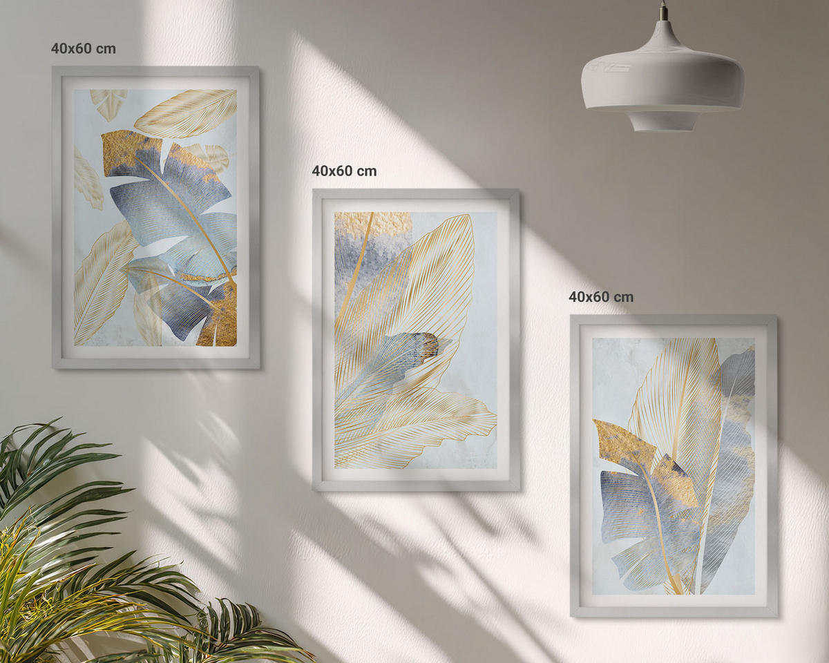 BILDER SET 3er Set - 40x60 cm Silberner Rahmen - Hellblau-beige Blätter - Silberfarben, Kunststoff (40/60cm) - TULUP