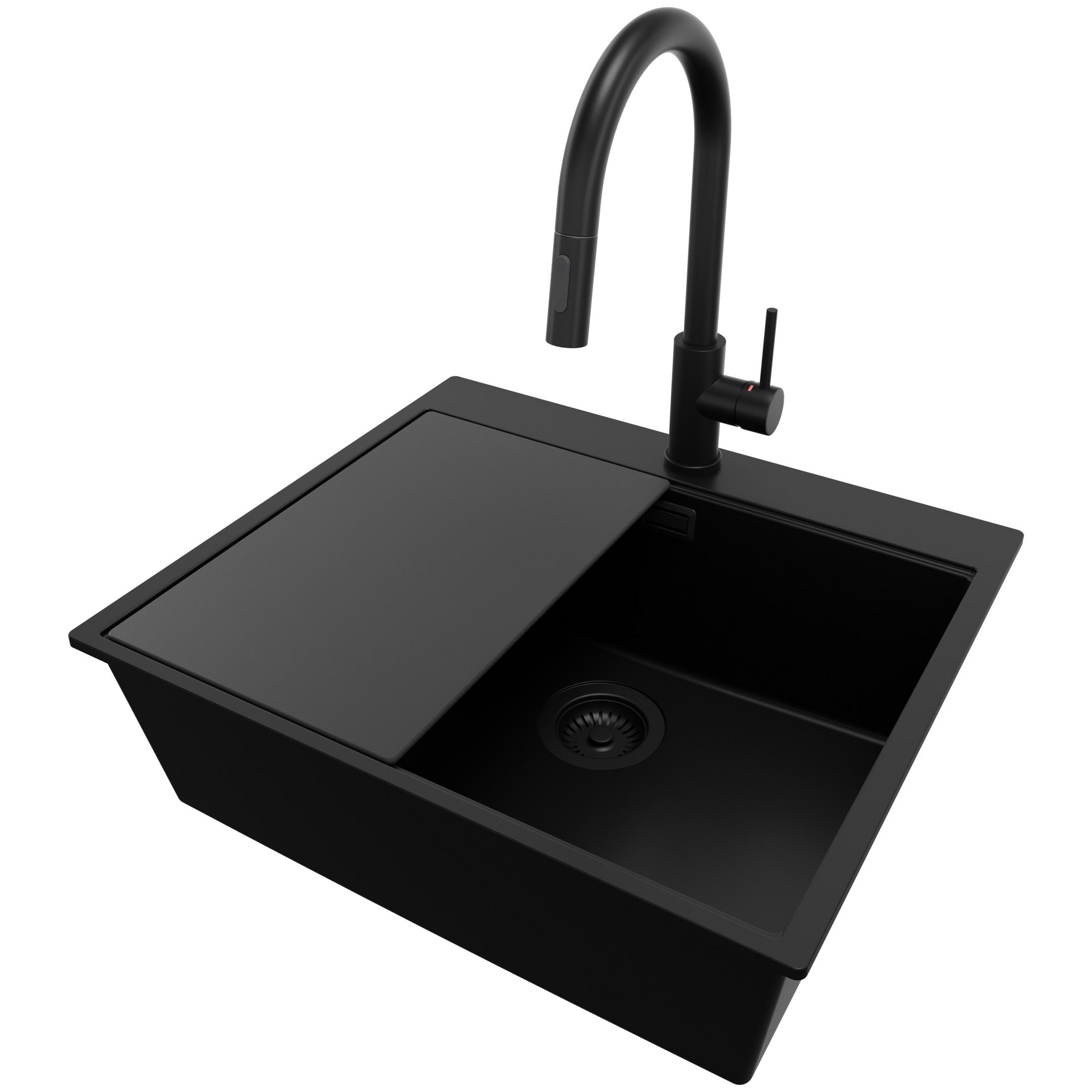 GRANITSPÜLE Oslo, 2-er set Alles Schwarz 58/50 cm 1 Becken + Küchenarmatur 40/20 cm + Ablauf-Set + Schneidebrett ab 60er Unterschrank - Schwarz, Kunststoff (58/20/50cm) - Primagran