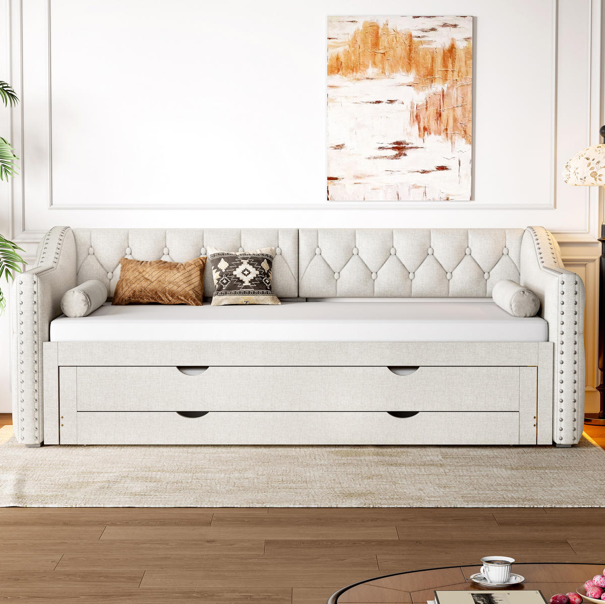 POLSTERBETT 90/200 cm Beige mit LED-Beleuchtung und 3 Schubladen - Beige, Textil (90/200cm) - Flora Grace