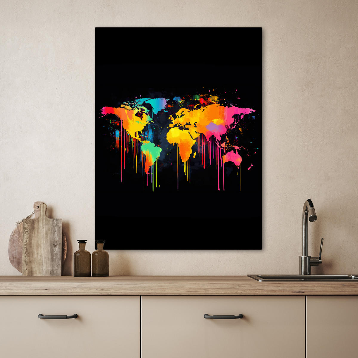 LEINWANDBILD Weltkarte - Farbe - Bunt - Graffiti - Welt 60x80 cm - Multicolor, Textil (60/80cm) - MuchoWow