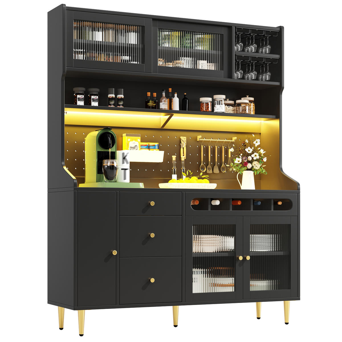 BUFFET DE-38400 145/39/171 cm mit LED-Beleuchtung und Weinregal Schwarz - Schwarz, Holzwerkstoff (145/171/39cm) - ComfortXL