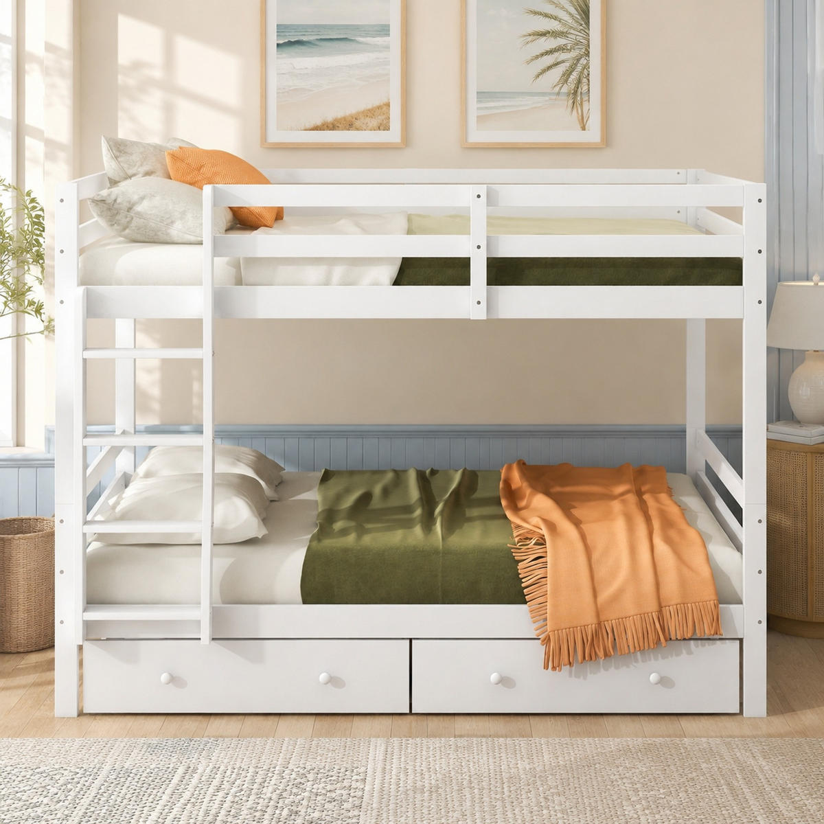 ETAGENBETT 140/200 mit abnehmbarer Schublade, Stauraum und hohem Geländer in Weiß - Weiß, Holz (140/200cm) - EVRYAE