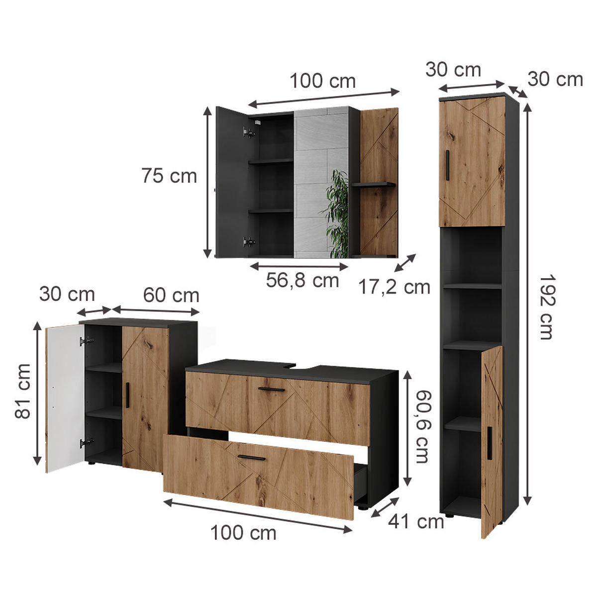 KOUPELNOVÁ SESTAVA NÁBYTKU Irma Antracit/Artisan - antracitová/dub artisan, kompozitní dřevo (100.1/60.6/41cm) - Vicco