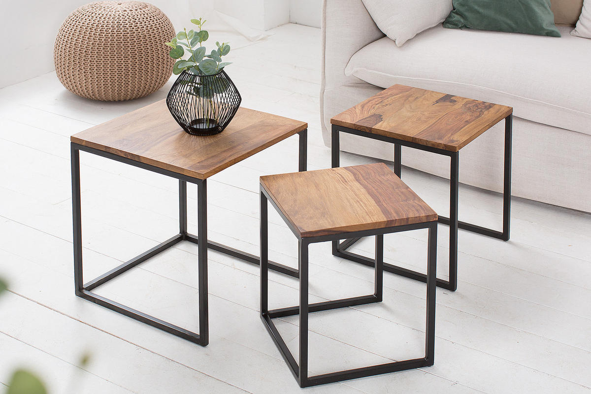 BEISTELLTISCH ELEMENTS Sheesham Natur 40 cm 3er Set - Schwarz/Naturfarben, Holz/Metall (40/40/42cm) - riess-ambiente