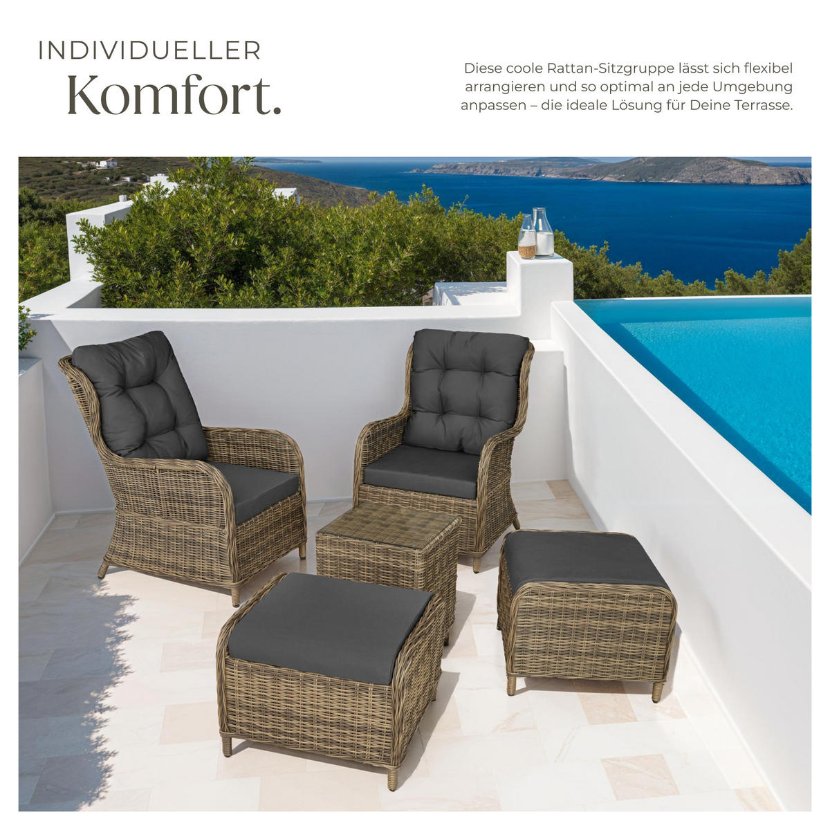 RATTAN SITZGRUPPE Benissa,mit Sicherheitsglasplatte,natur - Naturfarben, Kunststoff - tectake