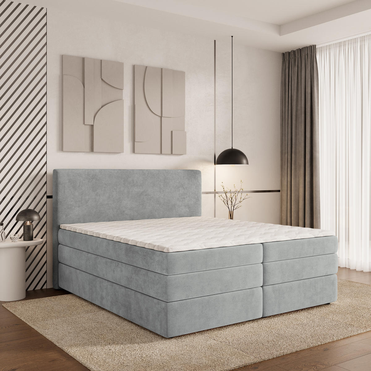 BOXSPRINGBETT MATERN 140x200 cm mit Matratze und Topper - Hellgrau - Hellgrau, Holz (140/200cm) - MASSENO