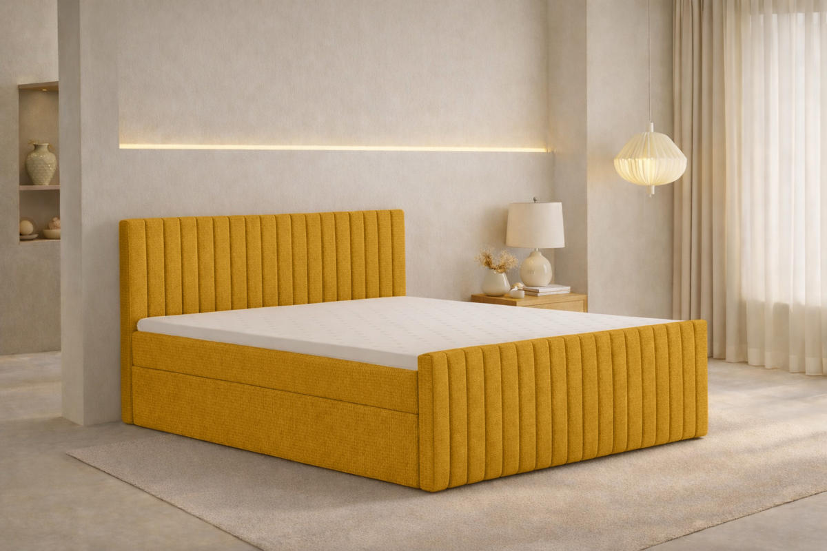 BOXBETT Mit Matratze Und Bettkasten, Chenille-Stoff Flow, Gelb, 120x200 cm, H2-Pocket, DEMETER - Gelb, Holz (120/200cm) - Kaiser Möbel