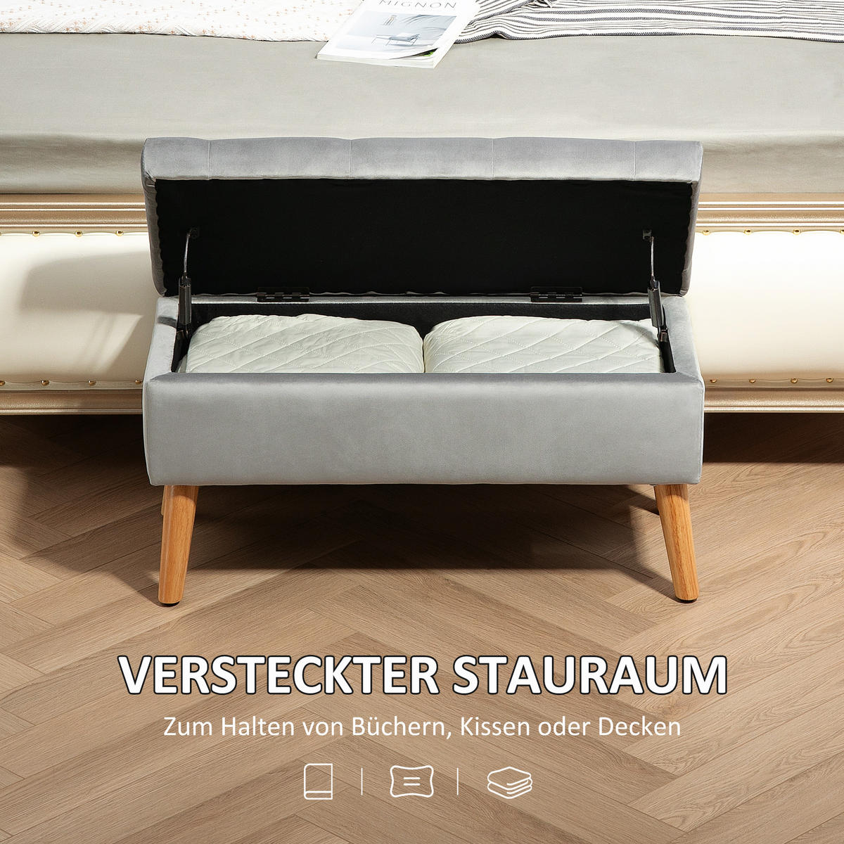 SITZBANK mit Stauraum, Polsterbank mit Deckel, Bettbank mit Samtoptik Grau - Grau, Kunststoff (35/40/80cm) - HOMCOM
