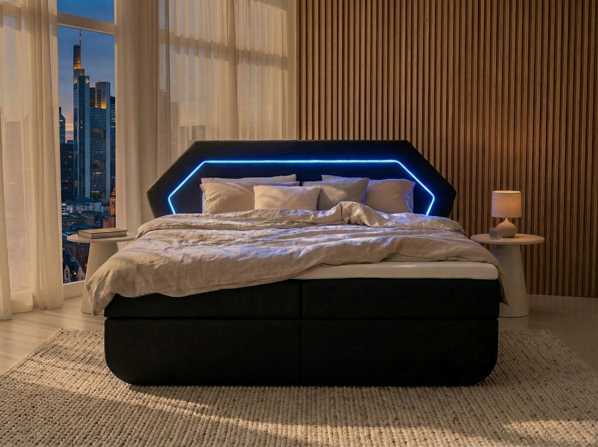 BOXBETT Phoenix schwarz 180/200 cm mit premium Topper - Schwarz, Textil (180/200cm) - wonello