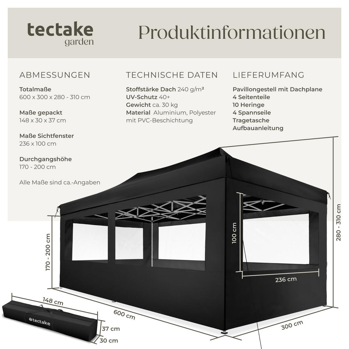 PAVILLON Viola,inklusive Spannseile, Heringe und Tragetasche,schwarz - Schwarz, Kunststoff (300/280/600cm) - tectake