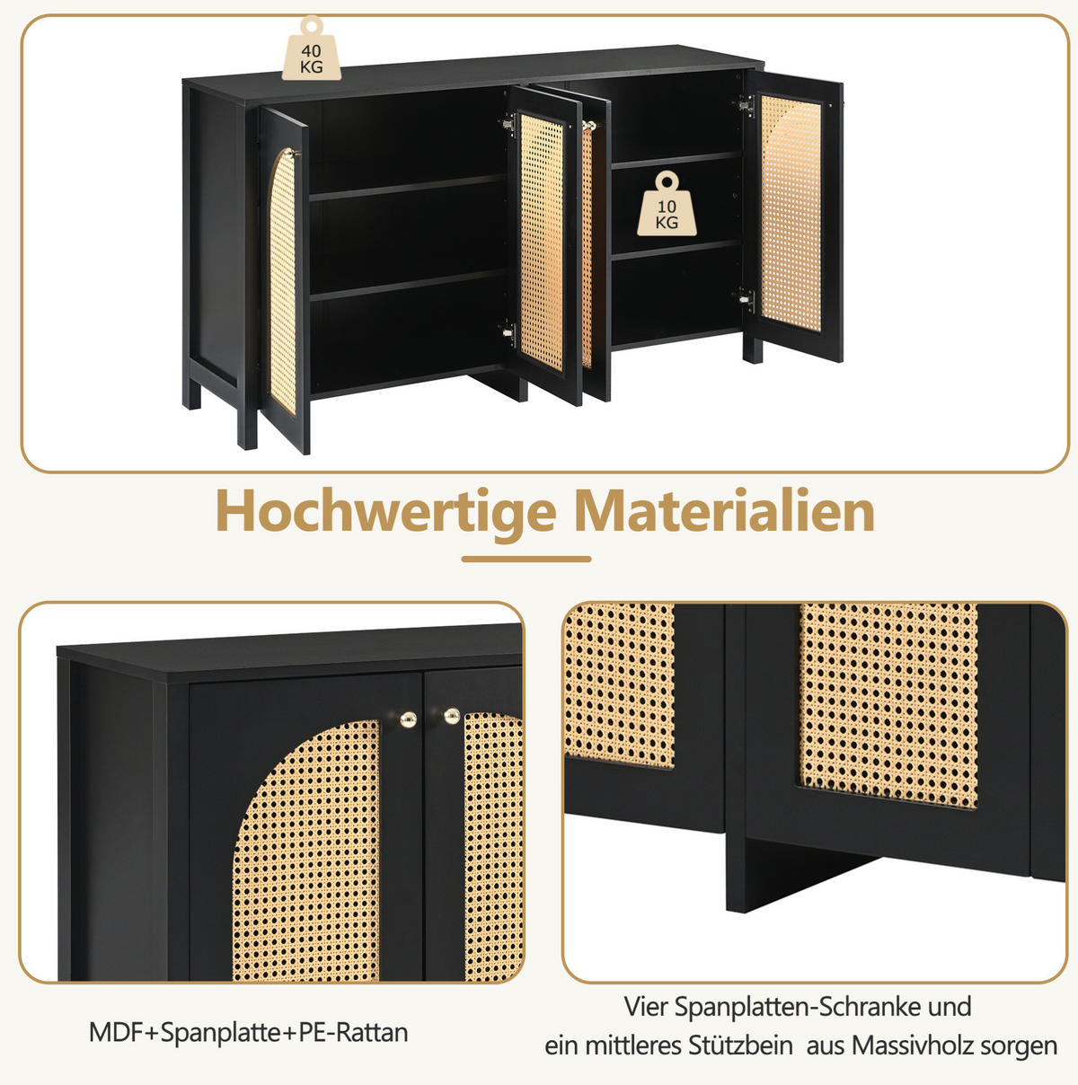 SIDEBOARD aus MDF 145x80x40 cm Schwarz mit 4 Türen aus PE-Rattan, Metallgriffen und verstellbaren Einlegeböden - Schwarz, Holzwerkstoff (145/40/80cm) - Modfu