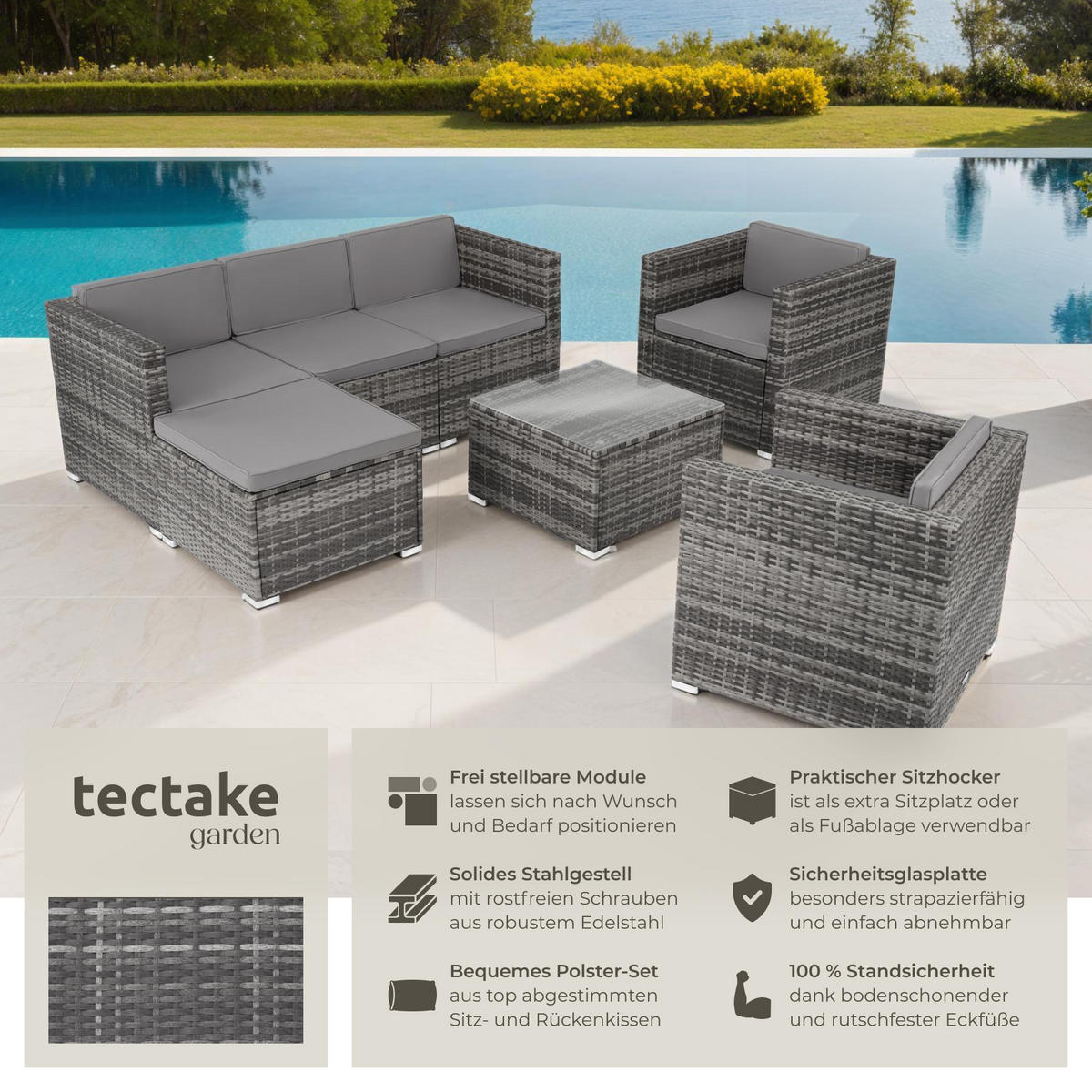 RATTANLOUNGE Lignano,variabel aufstellbar,grau - Grau, Kunststoff - tectake