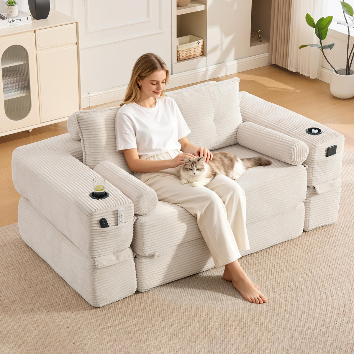 SCHLAFSOFA mit Cordbezug, Memory-Kissen, Getränkehalter und Zierkissen - Beige, Textil (180/80/98cm) - EVRYAE