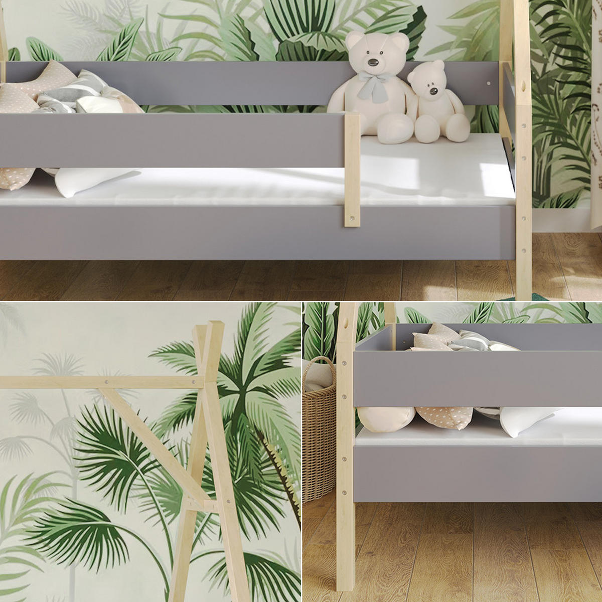 TIPI-BETT Bali Grau 80x160 cm mit Matratze - Grau, Holz - VitaliSpa