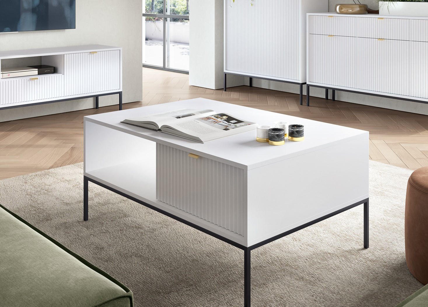 COUCHTISCH Kioto 104 cm in Weiß mit Schubladen und Metallbeinen - Goldfarben/Schwarz, Holzwerkstoff/Metall (68/104/46cm) - Ravio