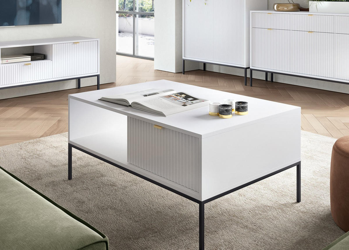 COUCHTISCH Kioto 104 cm in Weiß mit Schubladen und Metallbeinen - Goldfarben/Schwarz, Holzwerkstoff/Metall (68/104/46cm) - Ravio