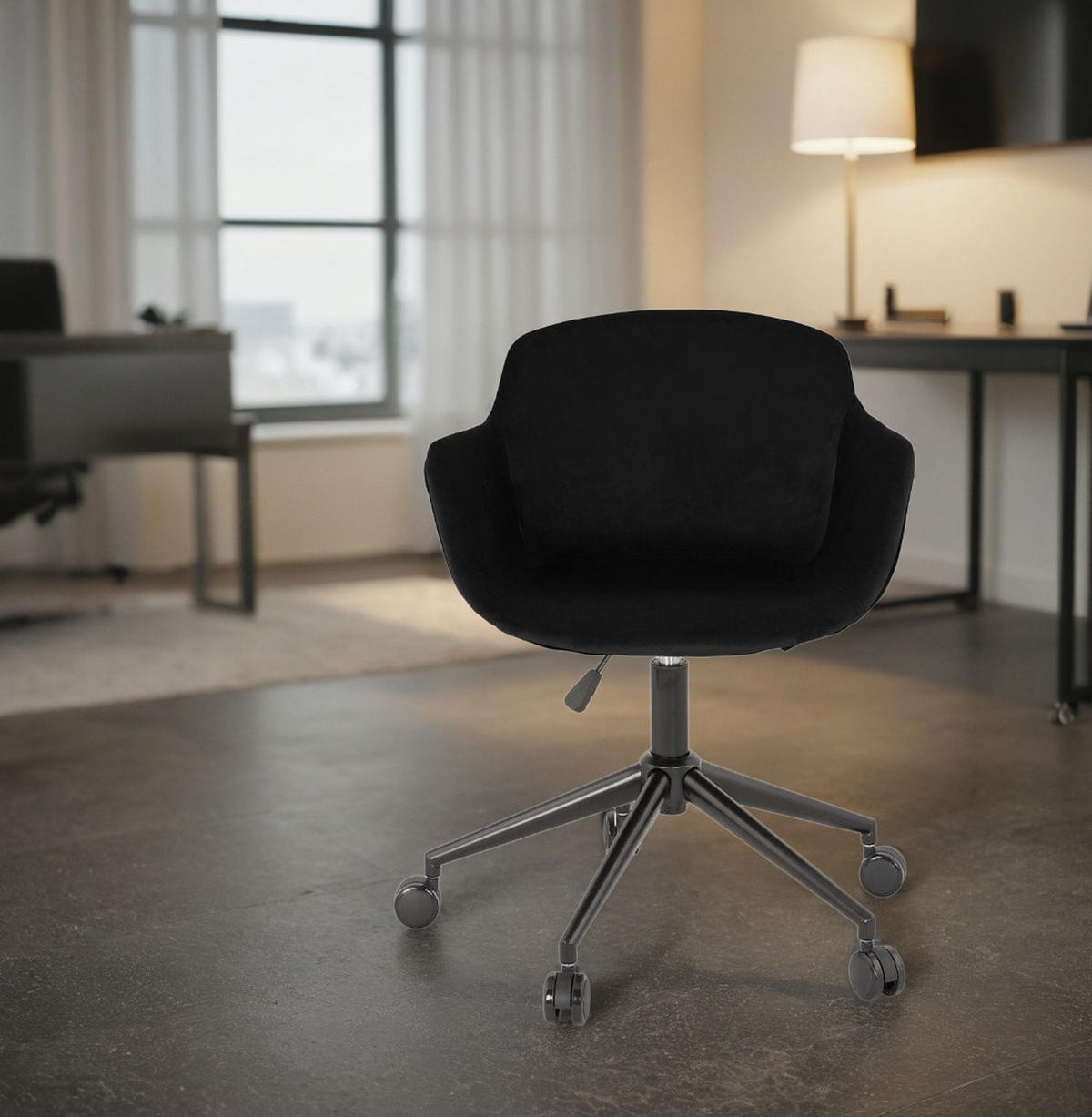 BÜROSTUHL Samt mit Rollen, 360° drehbar und höhenverstellbar PILANO, Schwarz 54x59x80 cm - Schwarz, Textil/Metall (59/80/54cm) - KADIMA DESIGN