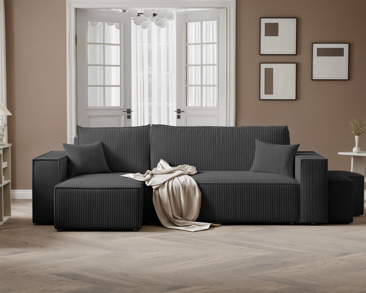 ECKSOFA Adara Inkl. Hocker - Schwarz, Holzwerkstoff/Textil (262/145cm) - Fun Möbel