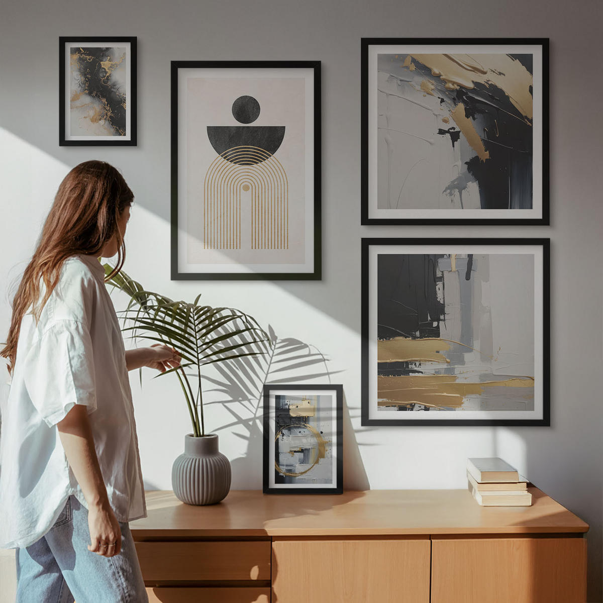 BILDER SET 5er Set - 50x50 cm & 20x30 cm & 40x60 cm Schwarzer Rahmen - Abstrakte Geometrie-Komposition - Schwarz, Kunststoff (40/60cm) - TULUP