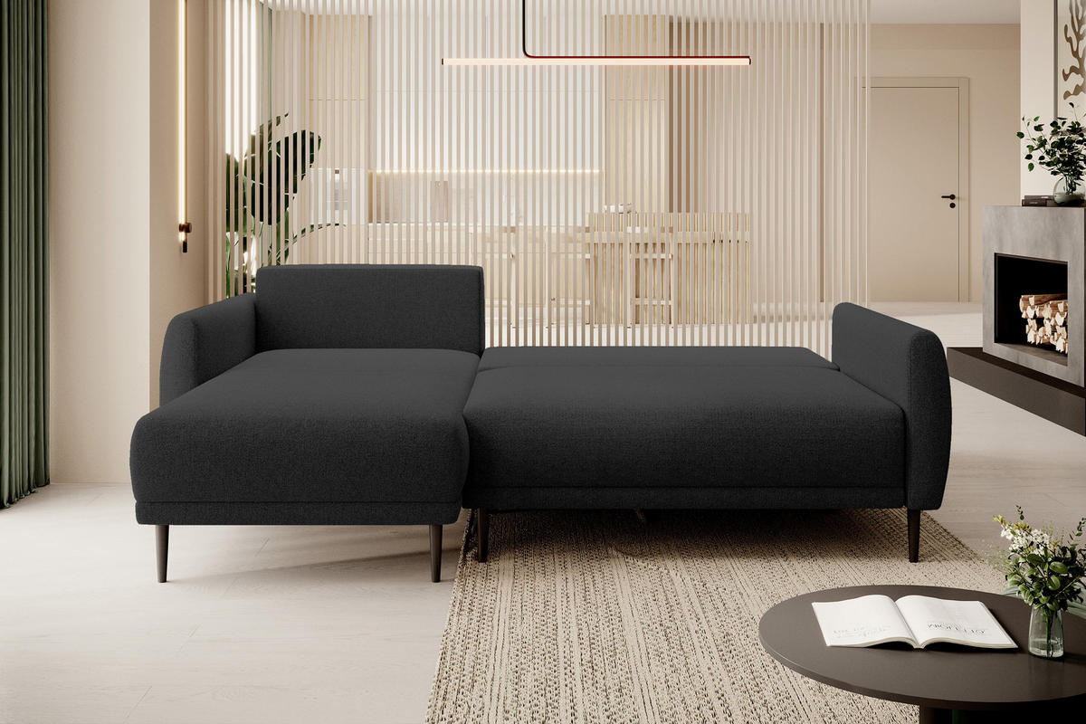 ECKSOFA BONO Stilvolles Sofa mit Schlaffunktion, Robuste Holzfüße, Elegante Armlehnen, Tiefe Sitzfläche 226x164x88cm, Linke, Schwarz - Schwarz, Holz/Textil (164/226cm) - DomoHome