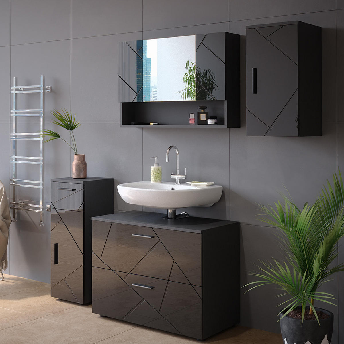 BADSCHRANK Irma Anthrazit Hochglanz 30 x 59 cm - Schwarz Hochglanz/Anthrazit, Holzwerkstoff (30/59/24cm) - Vicco