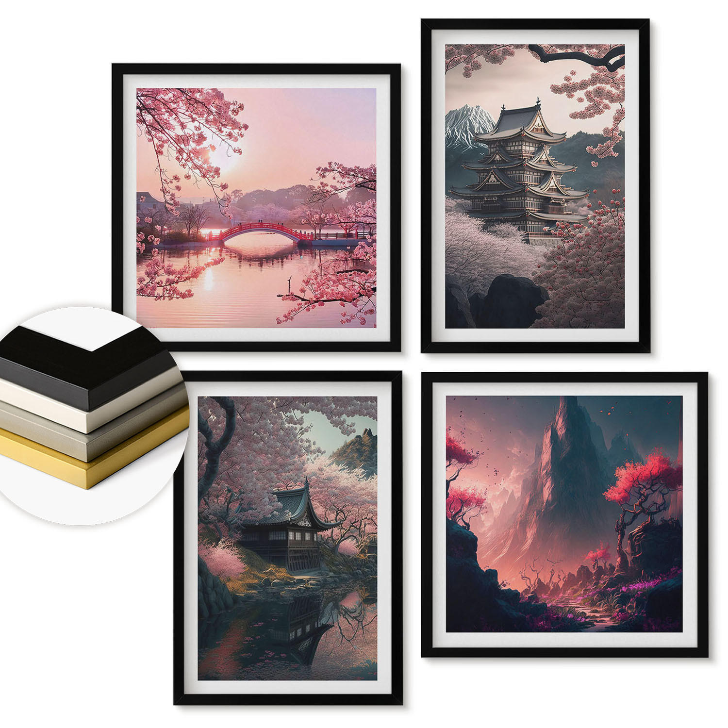 WANDBILDER 4er-Set - 50x50 cm & 40x60 cm Schwarzer Rahmen - Fantasielandschaften Japans - Schwarz, Kunststoff (50/50cm) - ArtPrintCave
