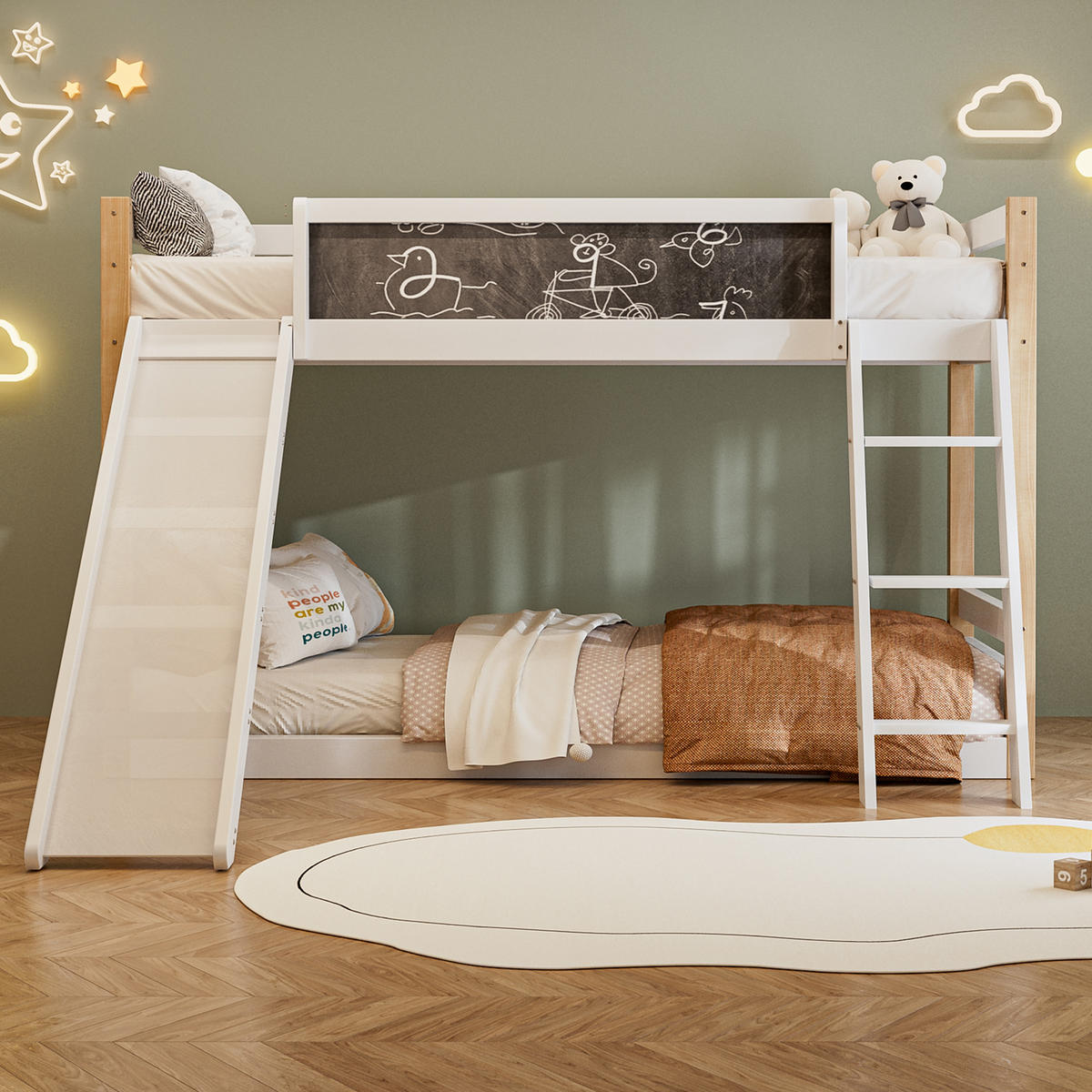 ETAGENBETT 200 x 90cm in Weiß mit Treppe und Rutschen - Weiß, Holz (90/200cm) - KOMHTOM