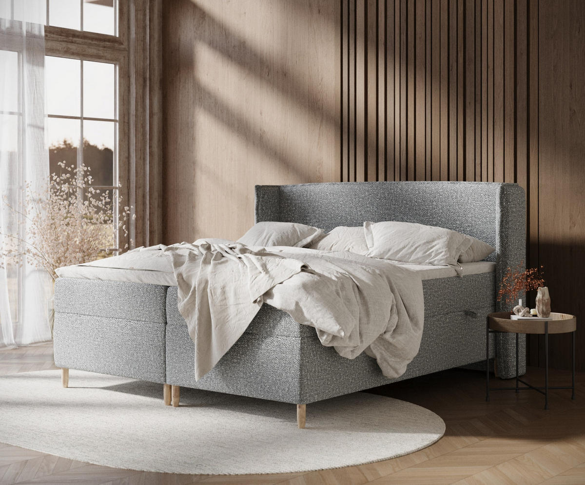 BOXSPRINGBETT Segni Grau 140/200 cm mit Matratze und Topper - Naturfarben/Grau, Holz/Holzwerkstoff (140/200cm) - Maison de Reve
