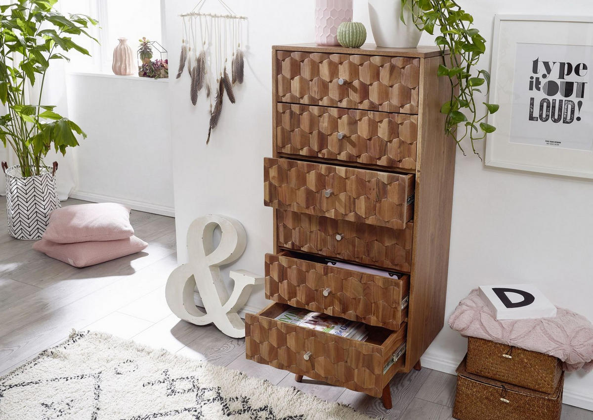 KOMMODE Akazie 53x42x125 natur lackiert MOSAYK #108 - Braun, Holz (53/125/42cm) - Massivmoebel24