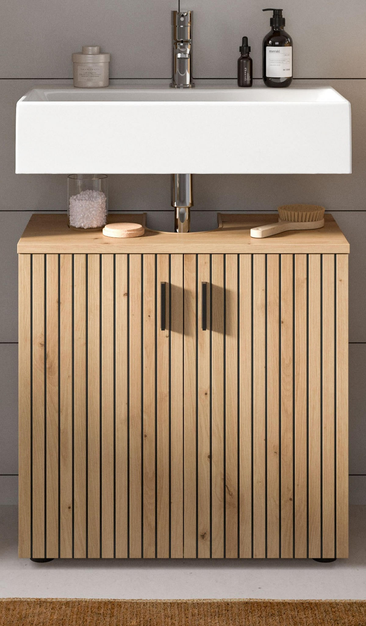 WASCHBECKENUNTERSCHRANK Eiche Artisan 80 cm, Badezimmer Unterschrank mit Rillen-Optik - Schwarz/Eiche Artisan, Holzwerkstoff/Kunststoff (60/59/30cm) - Inn.Furn