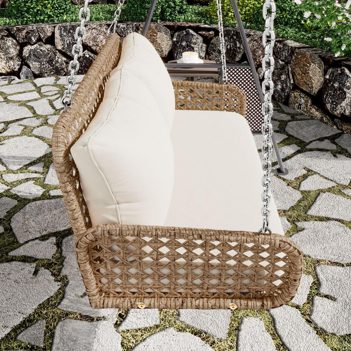 HÄNGESCHAUKEL PE-Rattan-Schaukel-Doppelsitz mit Kissen und 2 Ketten (240 cm/Stück) - Beige, Textil (54/48/108cm) - KOMHTOM