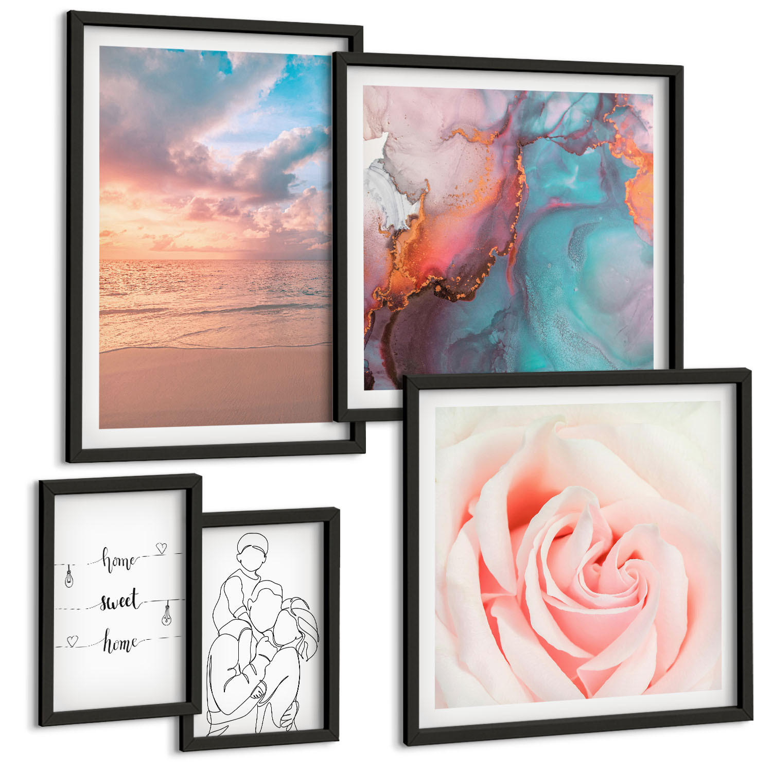BILDER SET 5er Set - 50x50 cm & 20x30 cm & 40x60 cm Schwarzer Rahmen - Blumenfamilie minimalistisch - Schwarz, Kunststoff (40/60cm) - TULUP