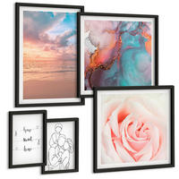 BILDER SET 5er Set - 50x50 cm & 20x30 cm & 40x60 cm Schwarzer Rahmen - Blumenfamilie minimalistisch - Schwarz, Kunststoff (40/60cm) - TULUP