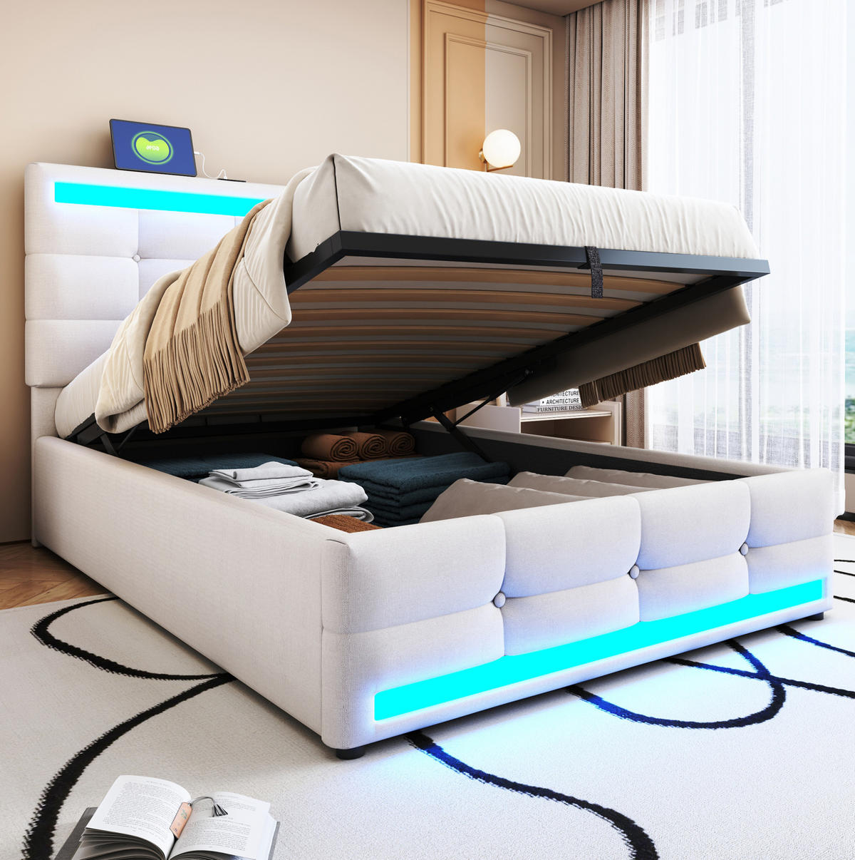 POLSTERBETT 90/200 cm Beige mit LED-Beleuchtung und USB-Anschlüssen - Beige, Textil (90/200cm) - Flora Grace