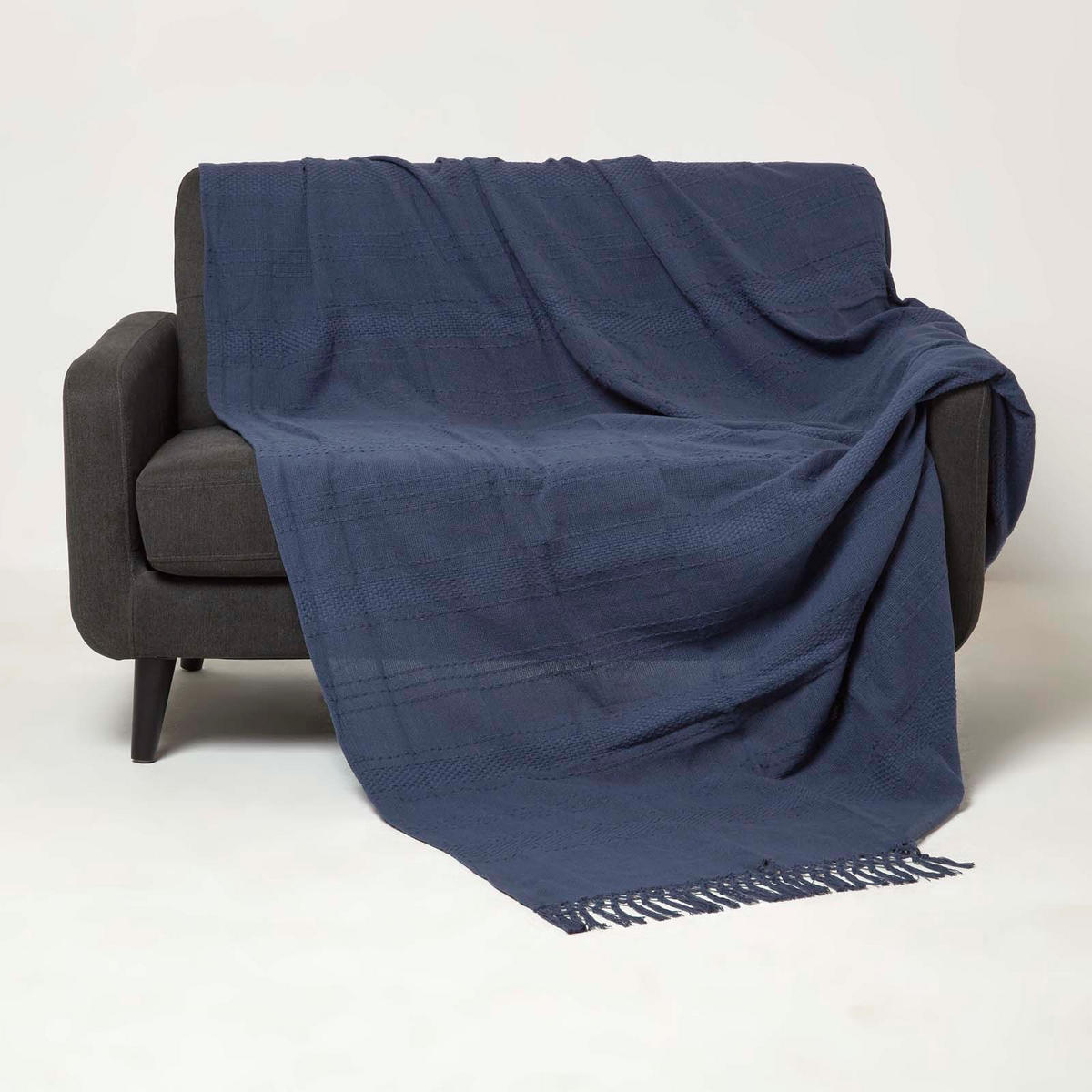 ÜBERWURF Kashi 225/255 cm, Baumwolle mit Fransen - Dunkelblau, Textil (225/255cm) - Homescapes