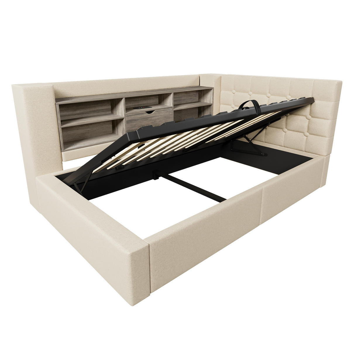 POLSTERBETT 90/190 cm Beige mit LED-Beleuchtung, Stauraum und USB- sowie Type-C-Anschlüssen - Beige, Textil (90/190cm) - Flora Grace