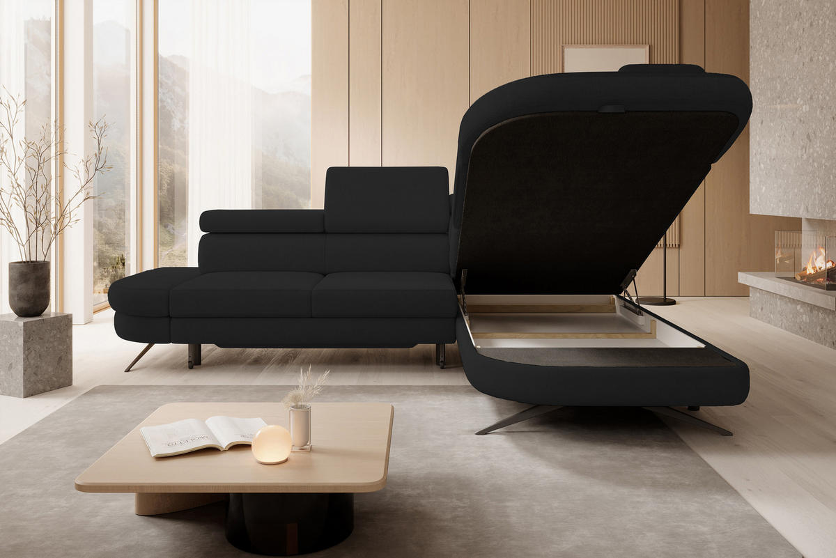 ECKSOFA OTIS L-förm, Schlaffunktion, verstellbare Kopfstützen, in AURORA-Stoff, lose Rückenkissen, freistehend, RECHTS 276x218x97 cm Black - Schwarz, Holz/Textil (276/218cm) - DomoHome