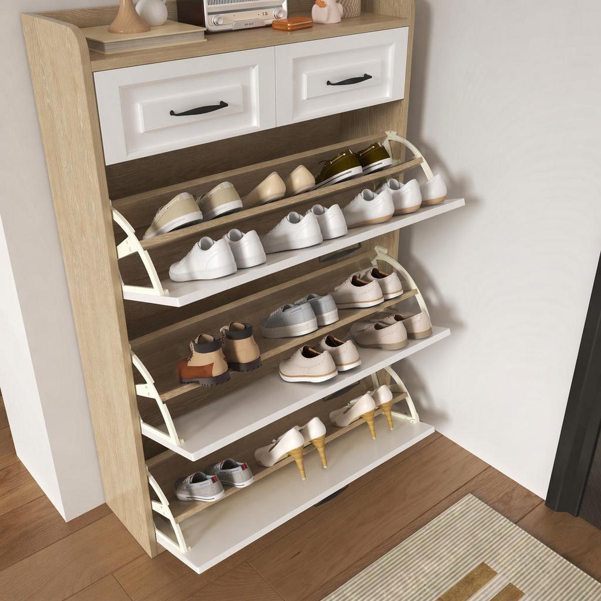 SCHUHKIPPER DE-37906 mit 3 Klappen und 2 Schubladen Holzfarbe - Naturfarben, Holzwerkstoff (80/131/23.5cm) - ComfortXL