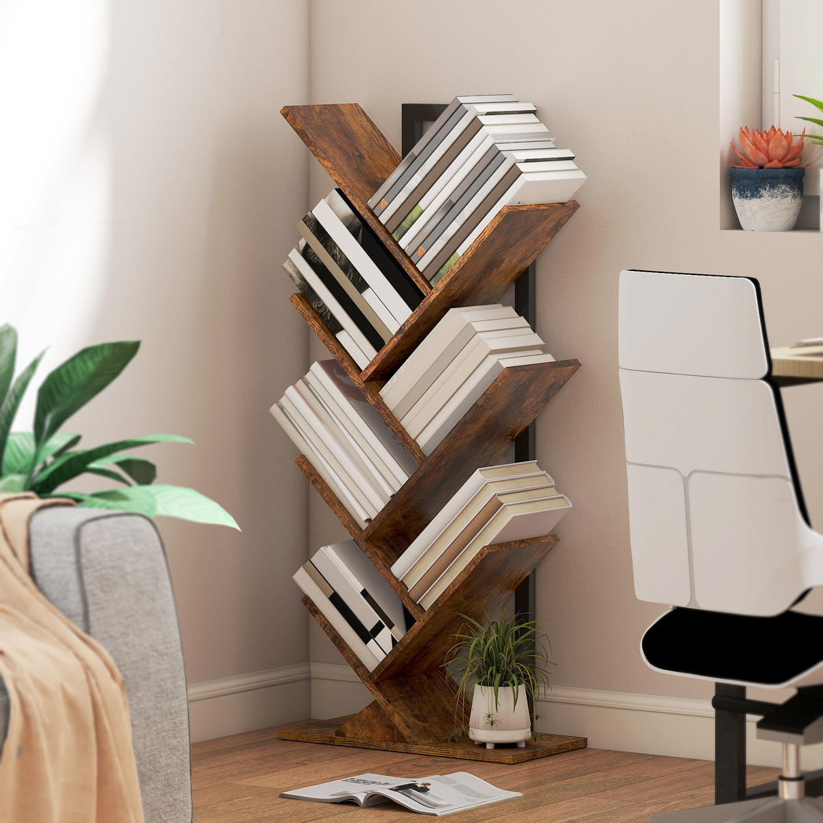 BÜCHERREGAL Standregal mit 7 Ebenen Schmal Regal im Baumform Rustikal Braun - Rostfarben/Schwarz, Holzwerkstoff/Metall (24/109/50cm) - HOMCOM