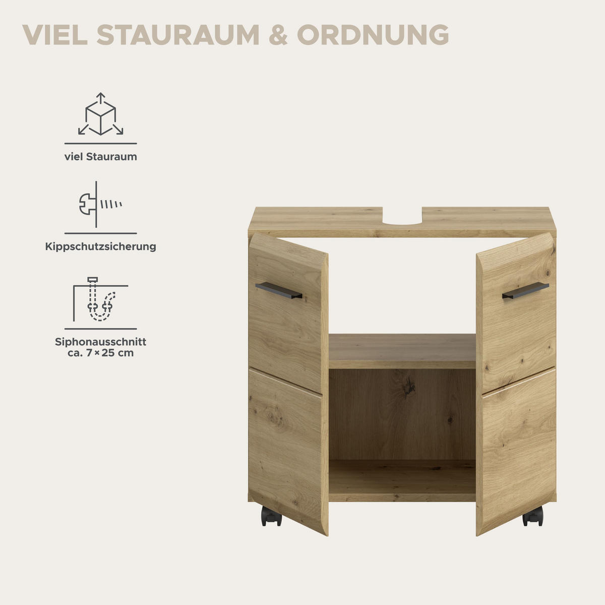 WASCHBECKENUNTERSCHRANK AUF ROLLEN Ice Artisan Oak 60/30/58 cm - Braun, Holzwerkstoff (60/58/30cm) - Xonox