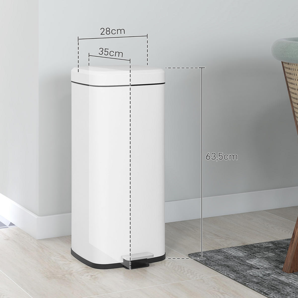 MÜLLEIMER KÜCHE 30L Treteimer weiß 35/28/63,5 cm Metall Softclose - Weiß, Metall (28/63.5/35cm) - Rolipo
