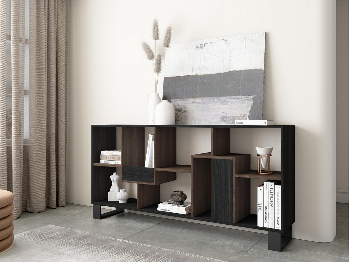 REGAL Bibliothek, Schwarz und Eiche dunkel, 67/31/174cm - Dunkelbraun/Schwarz, Holzwerkstoff (67/174/31cm) - Skraut Home